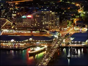 Harbour, Most, Port, Nocą, Chmur, Miasta, Drapacze, Fragment, Statek, Sydney