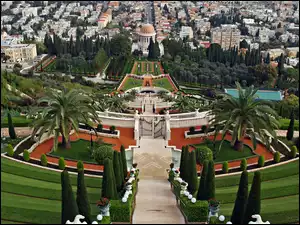 Domy, Basen, Palmy, Izrael, Tarasy, Miasta, Ogród, Panorama, Bab Bahai, Hajfa