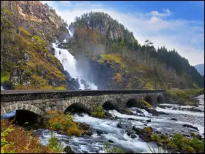 Most, Laatefoss, Las, Góry, Odda, Wodospad, Rzeka