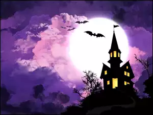 Noc, Halloween, Księżyc, Dom, Nietoperze