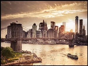 Zachód Słońca, Most, Nowy Jork, Drapacze Chmur, Rzeka, Stany Zjednoczone, Brooklyn Bridge