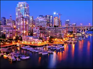 Nocą, Drapacze Chmur, Jachty, Marina, Vancouver