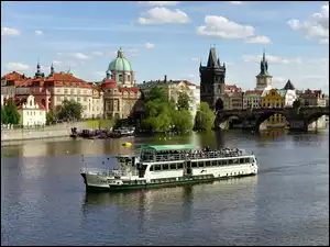 Budynki, Rzeka, Statek, Most, Wycieczkowy