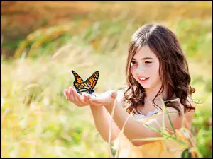 Lato, Łąka, Dziewczynka, Motyl