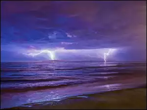 Niebo, Burza, Morze, Pioruny, Plaża
