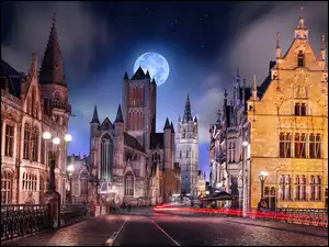 Ulica, Księżyc, Domy, Miasto nocą