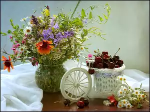 Kompozycja, Bukiet Kwiatów, Ozdobny Rowerek, Wazon, Czereśnie