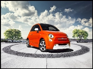 Fiat 500, Drzewa, Pomarańczowe, Plac, Auto, Niebo