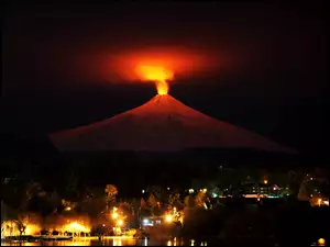 Światła, Wulkan, Noc, Ogień, Miasto