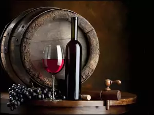 Butelka, Beczka, Czerwone, Winogrono, Wino, Kieliszek