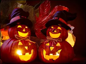Halloween, Kapelusze, Swiecące, Dynie