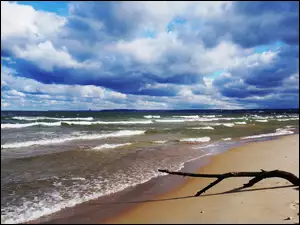 Piasek, Plaża, Fale, Morze, Chmury