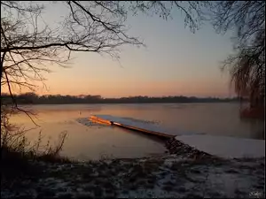 Gałęzie, Jezioro, Zachód, Pomost, Słońca