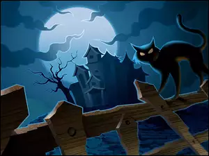 Płot, Księżyc, Halloween, Noc, Kot, Dom
