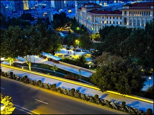 Baku, Domy, Drzewa, Skwer, Nocna Panorama