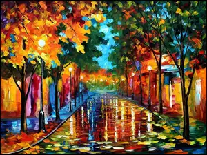 Ulica, Drzewa, Leonid, Domy, Afremov, Deszcz