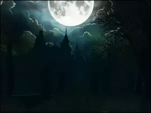 Chmury, Księżyc, Zamek, Mrok, Drzewa
