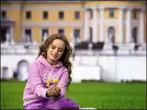 Gmach, Mniszka, Uśmiech, Dziewczynka, Rozmycie, Kwiaty, Trawnik