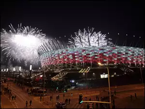 Stadion Narodowy, Ludzie, Polska, Noc, Warszawa, Fajerwerki