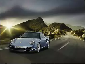 Turbo, Droga, Porsche, Promienie, Samochód, Słońca, 911, Góry