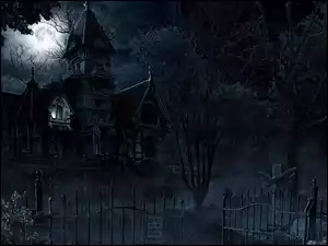 Noc, Drzewa, Dom, Księżyc