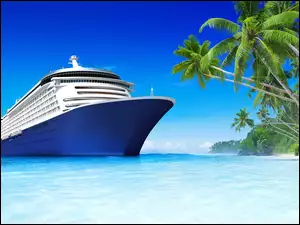 Statek, Lato, Morze, Plaża, Palmy