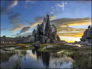 Zachód, Bagno, Słońca, Skały