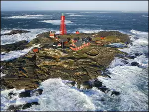 Ocean, Morska, Wyspa, Skalista, Fale, Latarnia, Budynki