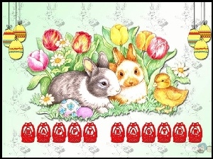 Tulipany, Wielkanoc, kurczaczek, zajączki, jajeczka