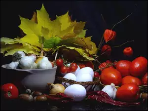 Kompozycja, Liście, Jajka, Żołędzie, Warzywa