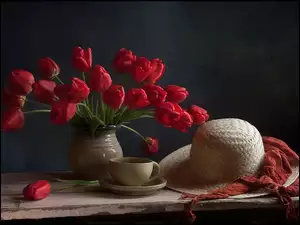 Tulipanów, Filiżanka, Bukiet, Kapelusz, Czerwonych, Wazon