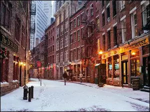 Zima, Manhattan, Ulica, Jork, Wieżowce, USA, Sklepy, Nowy