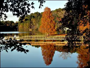 Jezioro, Jesień, Lasy, Pomost
