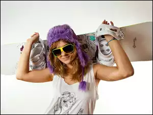 Kobieta, Snowbording, Czapka, Okulary