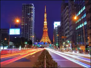 Ulica, Wieża, Tokio, Japonia, Noc, Tower, Drapacze Chmur
