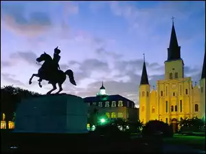 Pomnik, Katedra, Nowy Orlean, Wieczór, Luizjana, Jackson Square