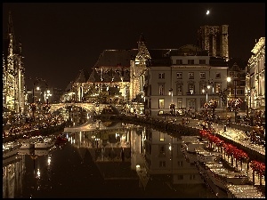 Deptak, Kanał, Nocą, Miasto, Budynki, Belgia, Most
