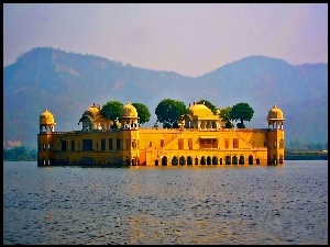 Jezioro, Jal Mahal, Wschód Słońca, Jaipur, Góry, Pałac