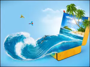Ocean, Wakacje, Lato, Palmy, Walizka, Papugi