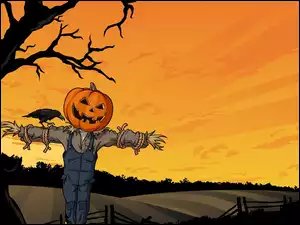Drzewo, Halloween, Strach na wróble, Dynia, Wrona