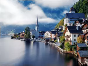 Austria, Góry, Domy, Jezioro, Hallstatt
