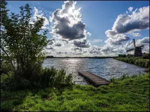 Jezioro, Drzewa, Wiatrak, Molo
