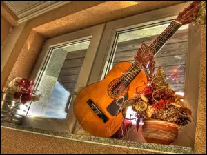 Kwiaty, Okno, Dekoracja, Gitara, Suszone