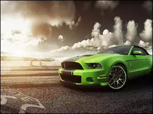 Ford, Droga, Zielony, Chmury, Samochód, Mustang