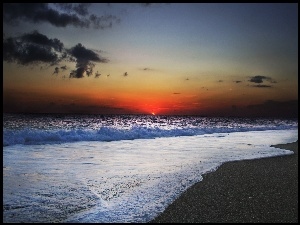 Zachód słońca, Plaża, Fale