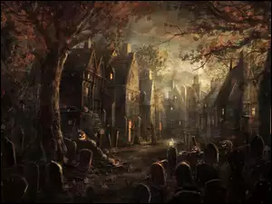 Halloween, Domy, Jesień, Drzewa, Groby