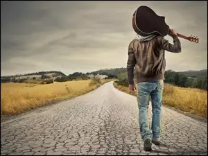 Mężczyzna, Gitara, Pole, Droga