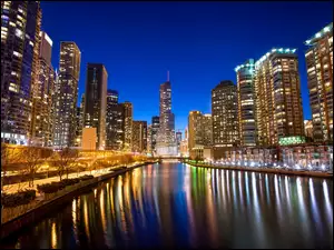 Noc, Drapacze chmur, Chicago, Rzeka, Miasto
