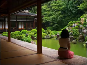 Dom, Dziewczyna, Ogród, Japonia