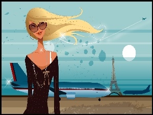 Lotnisko, Styl, Blondynka, Grafika, Samolot, Moda, Okulary